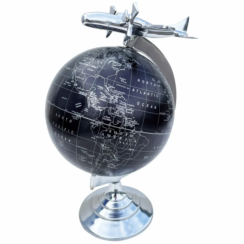 Objets de décoration - Globe terrestre diam 20 cm, pied avec avion aluminium H : 35 cm - TRADE WINDS