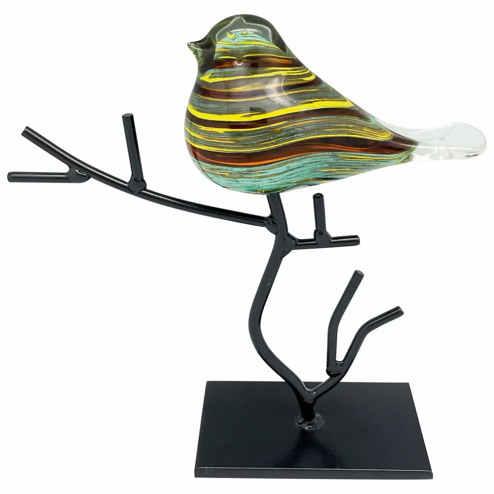 Objets de décoration - Oiseau jaune ambre et bleu en verre sur branche métal, H : 26 cm - TRADE WINDS