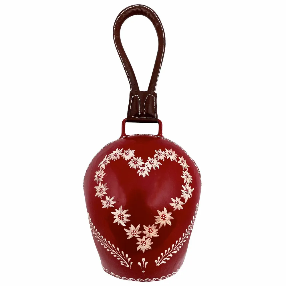 Objets de décoration - Cloche métal coeur Edelweiss rouge attache cuir 17 x 17 cm - TRADE WINDS