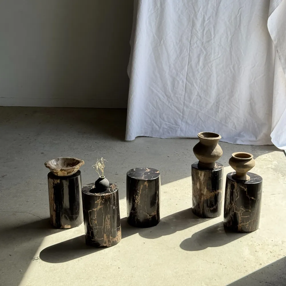 Coffee tables - Small side table in black petrified wood with beige stripes H28 D18 - OFFICE OBJETS