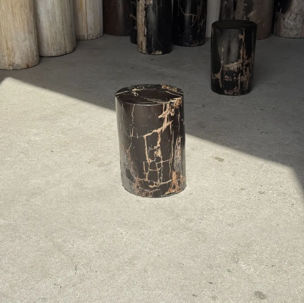 Coffee tables - Small side table in black petrified wood with beige stripes H28 D18 - OFFICE OBJETS