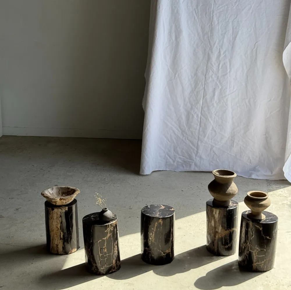 Coffee tables - Small side table in black petrified wood with streaks and beige low si - OFFICE OBJETS