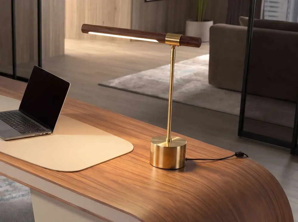 Table lamps - Table lamp in walnut-effect steel and polished gold steel - ANGEL CERDÁ