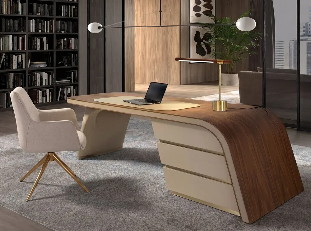 Table lamps - Table lamp in walnut-effect steel and polished gold steel - ANGEL CERDÁ