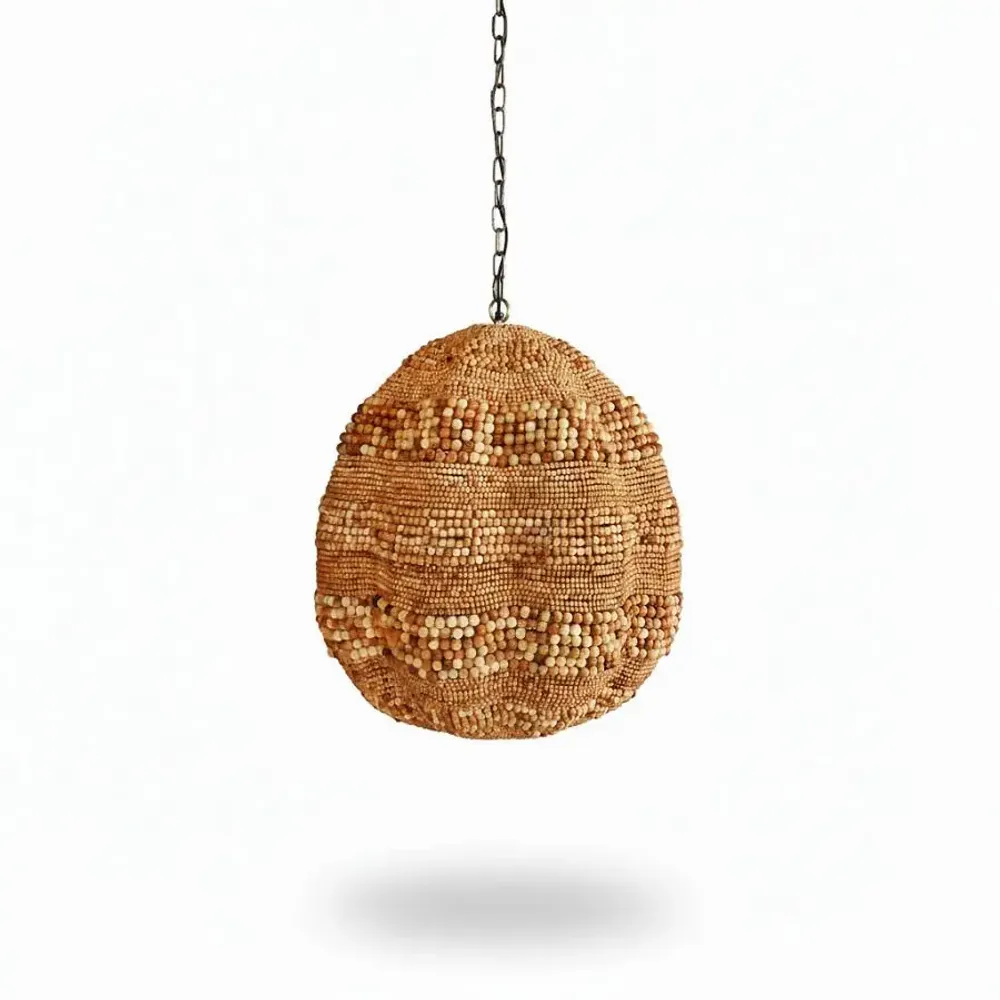 Suspensions - LUSTRE 3 LAMPES 'IBIZA'+CHAINE PERLES BOIS NATUREL - FANCY
