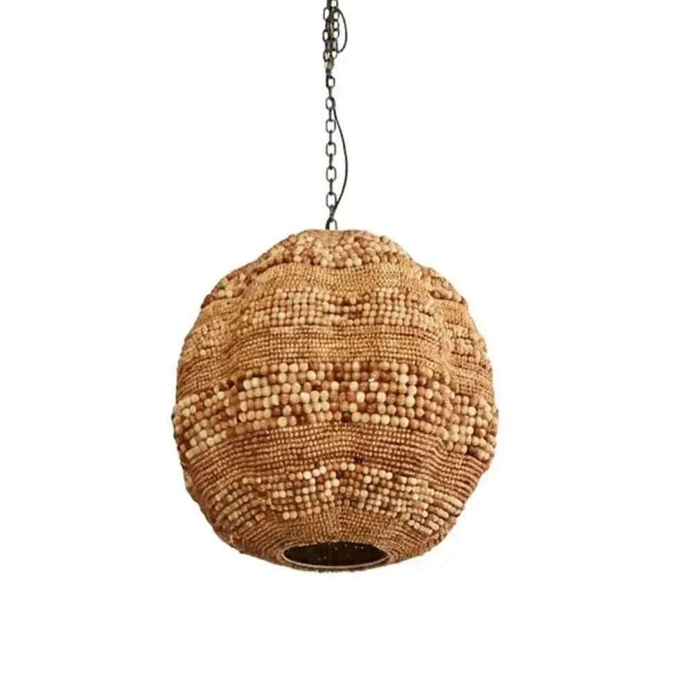 Suspensions - LUSTRE 3 LAMPES 'IBIZA'+CHAINE PERLES BOIS NATUREL - FANCY