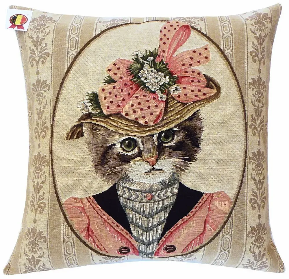 Fabric cushions - Cat tapestry cushion with hat and bow - ROLANDE DU DREUILH  LACE JEWEL