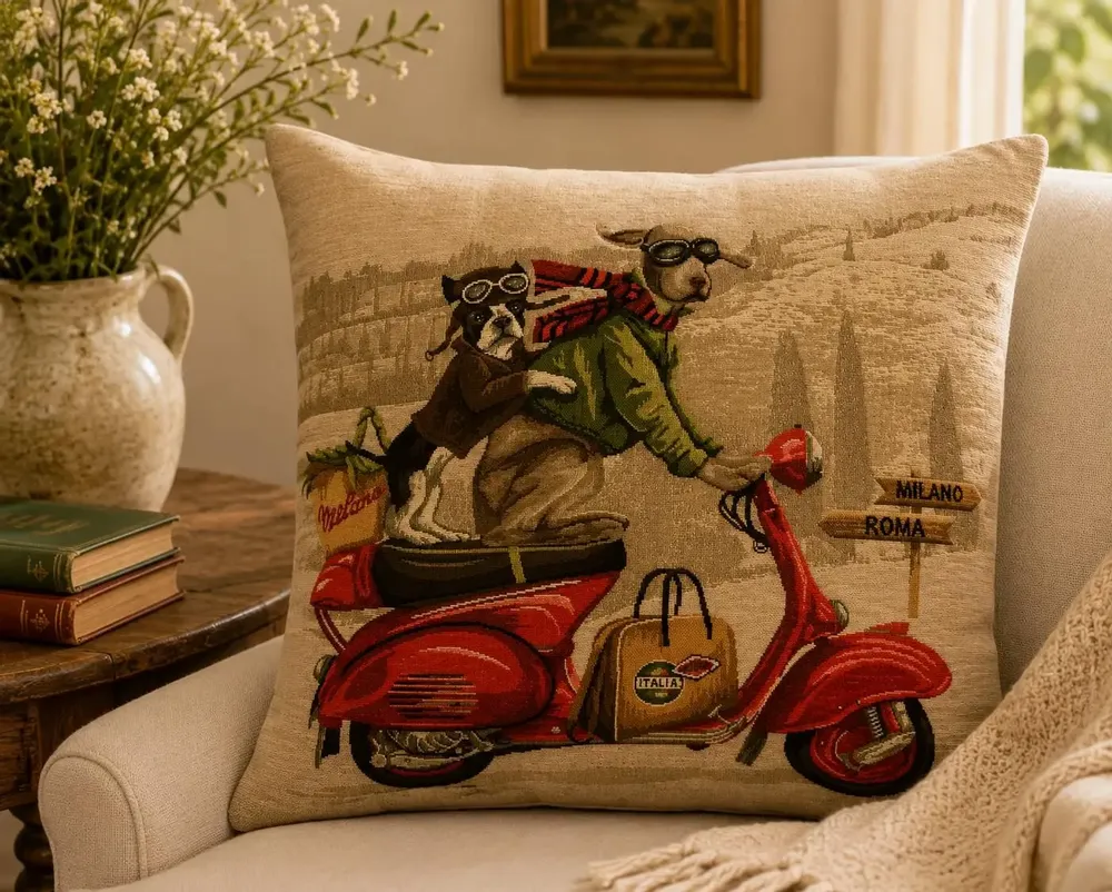 Fabric cushions - Red Dog Scooter Tapestry Cushion - ROLANDE DU DREUILH  LACE JEWEL