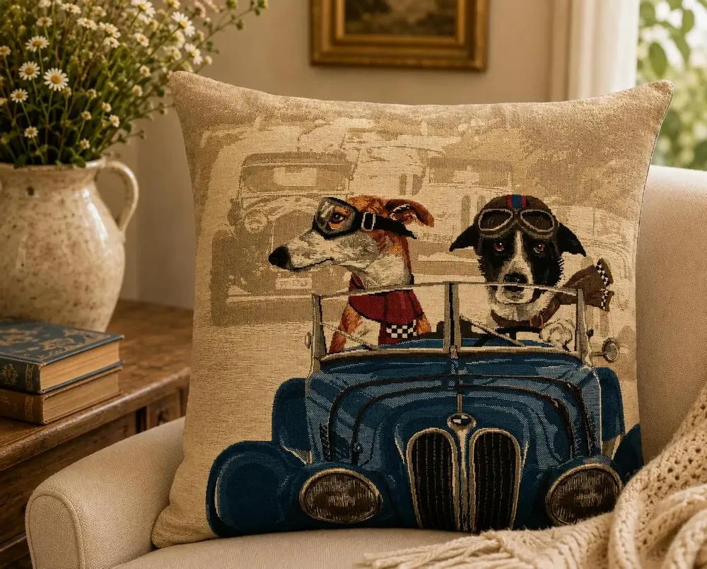 Coussins textile - Coussin tapisserie tacots bleu chien - ROLANDE DU DREUILH  LACE JEWEL