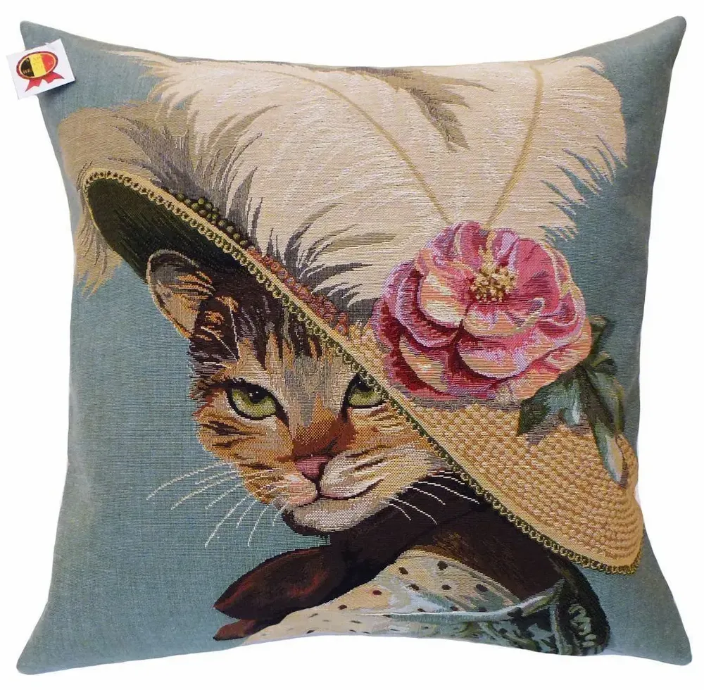 Fabric cushions - Cat tapestry cushion Flower hat - ROLANDE DU DREUILH  LACE JEWEL