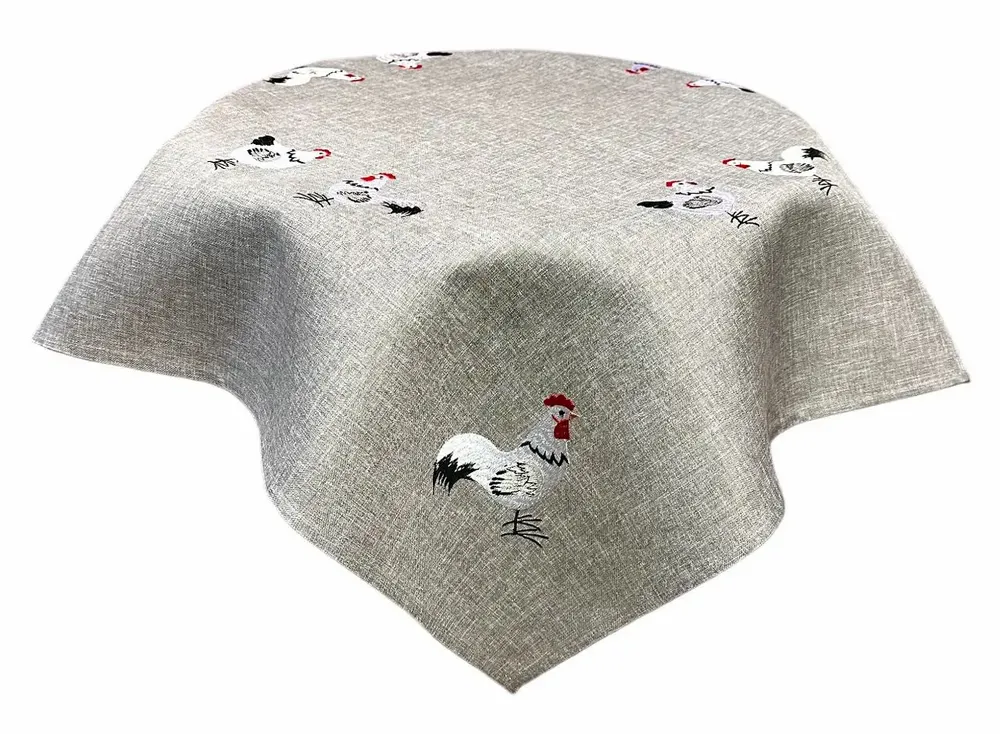 Table linen - Square rooster tablecloth, blue, white, and red, polyester - ROLANDE DU DREUILH  LACE JEWEL
