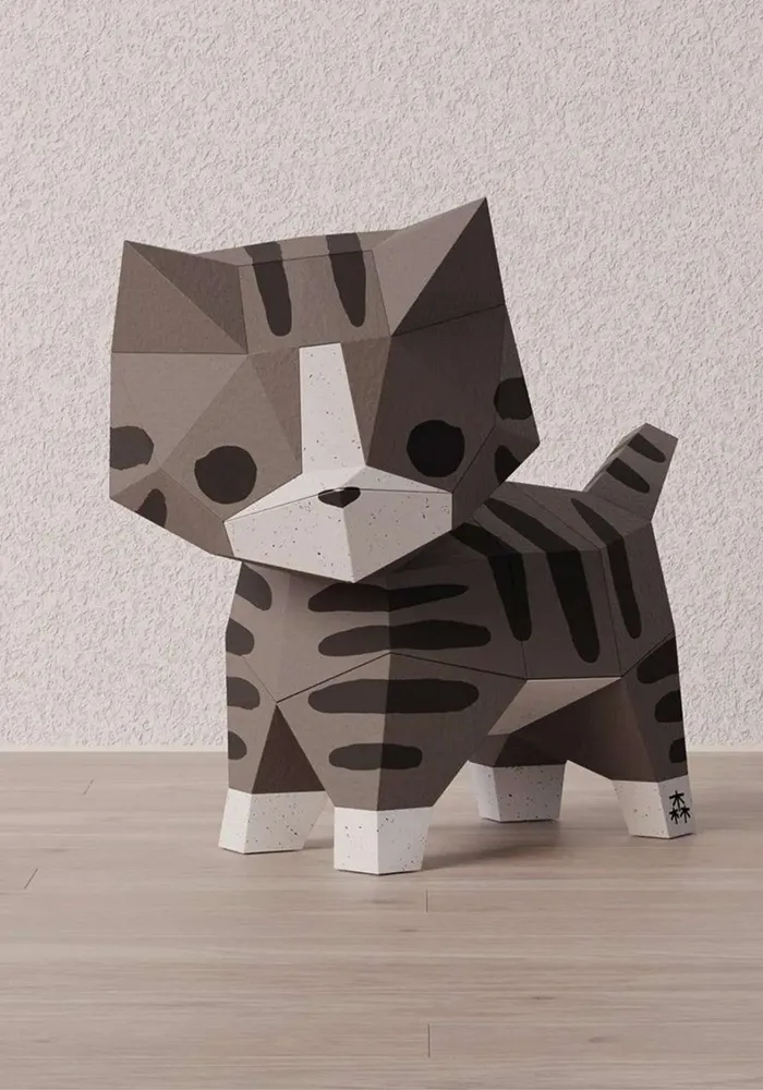 Children's decorative items - Papercraft 3D DIY Kits - Brown Paper Mini Cat - MOKI MOKI