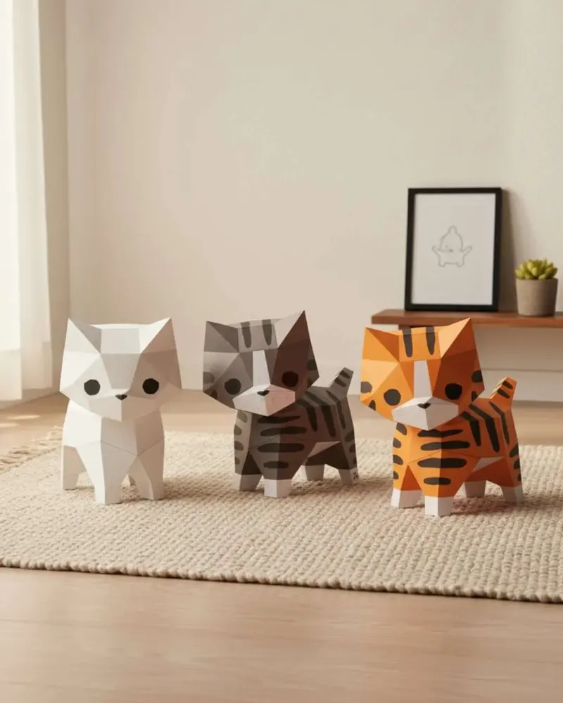 Children's decorative items - Papercraft 3D DIY Kits - Brown Paper Mini Cat - MOKI MOKI