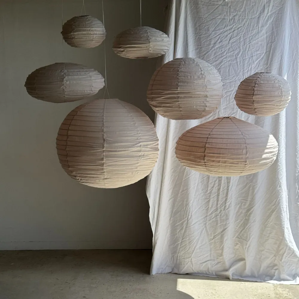 Suspensions - Très grande suspension en rotin et lin naturel japonisante ovale - OFFICE OBJETS