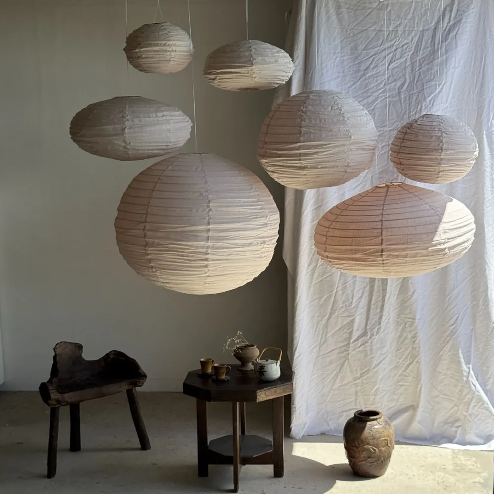 Suspensions - Très grande suspension en rotin et lin naturel japonisante ovale - OFFICE OBJETS