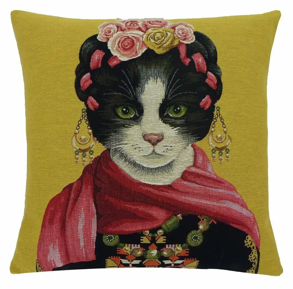 Fabric cushions - Tapestry cat cushion (FRIDA KAHLO) - ROLANDE DU DREUILH  LACE JEWEL