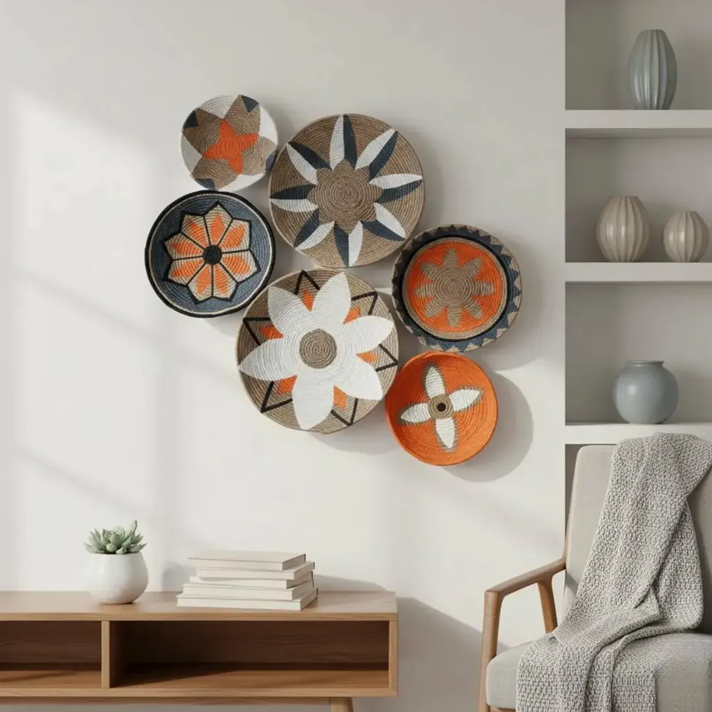 Other wall decoration - Solar Bloom: 6-Piece Handmade Wicker Wall Plate Set - SARMAL DESIGN
