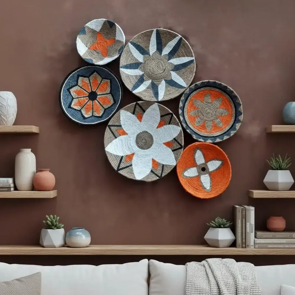 Other wall decoration - Solar Bloom: 6-Piece Handmade Wicker Wall Plate Set - SARMAL DESIGN