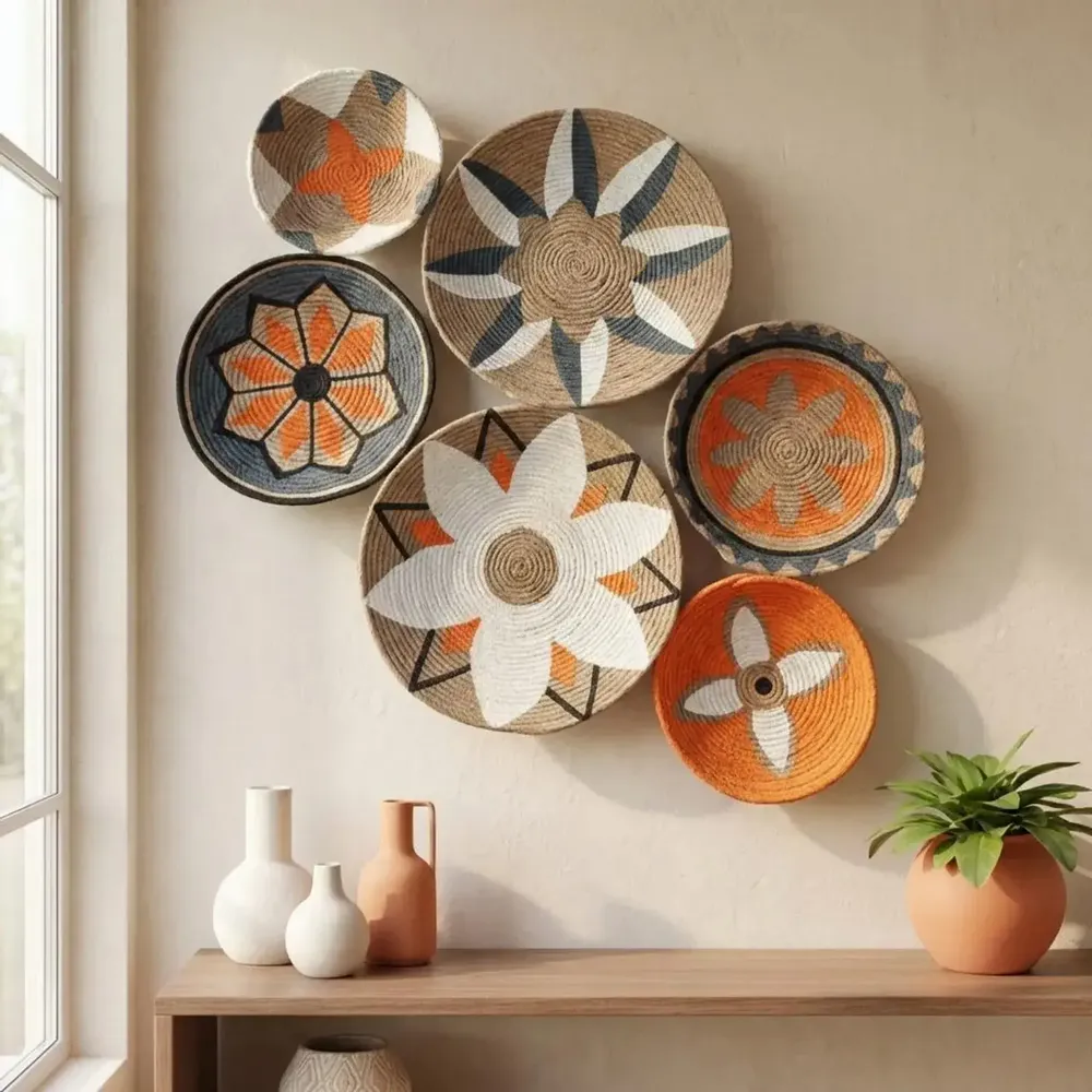 Other wall decoration - Solar Bloom: 6-Piece Handmade Wicker Wall Plate Set - SARMAL DESIGN