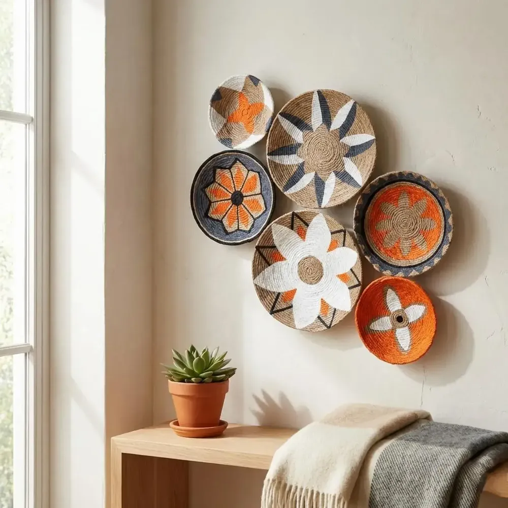 Other wall decoration - Solar Bloom: 6-Piece Handmade Wicker Wall Plate Set - SARMAL DESIGN
