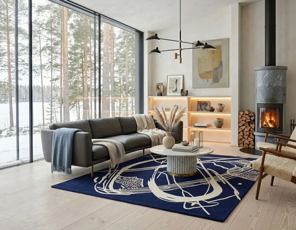 Contemporary carpets - Orbit of Expression Navy Blue Ivory Modern Handmade Area Rug - NUZRAT CARPET EMPORIOUM