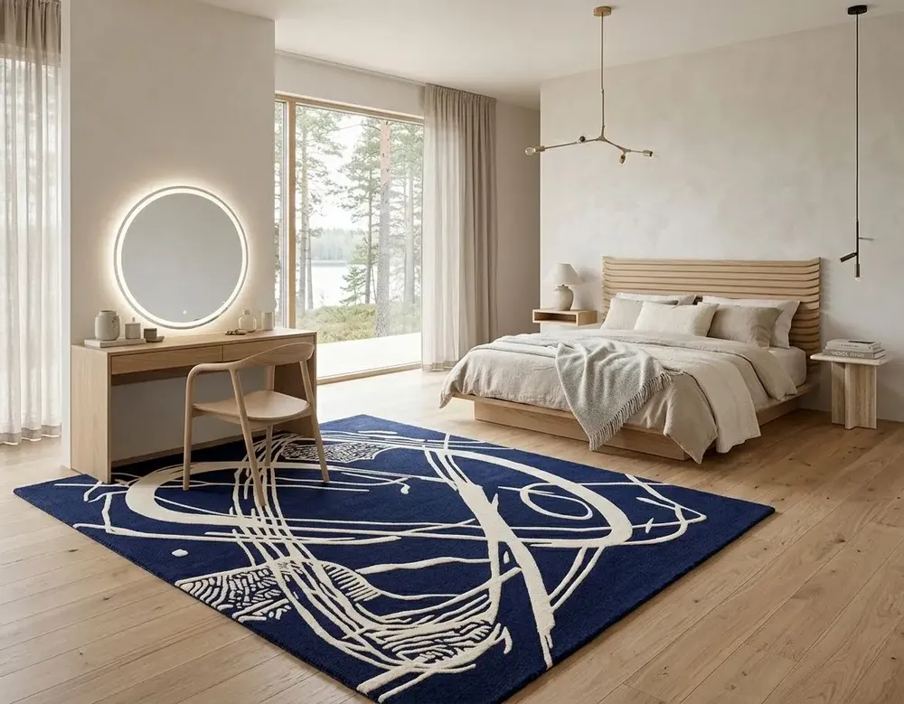 Contemporary carpets - Orbit of Expression Navy Blue Ivory Modern Handmade Area Rug - NUZRAT CARPET EMPORIOUM