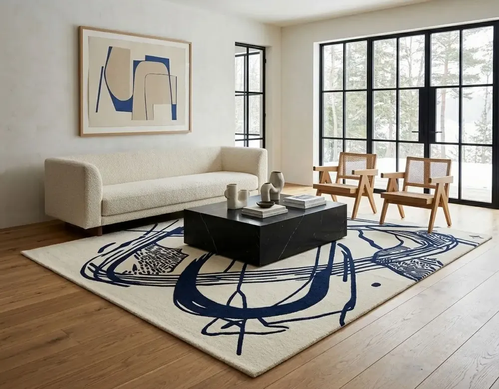 Contemporary carpets - Orbit of Expression Navy Blue Ivory Modern Handmade Area Rug - NUZRAT CARPET EMPORIOUM