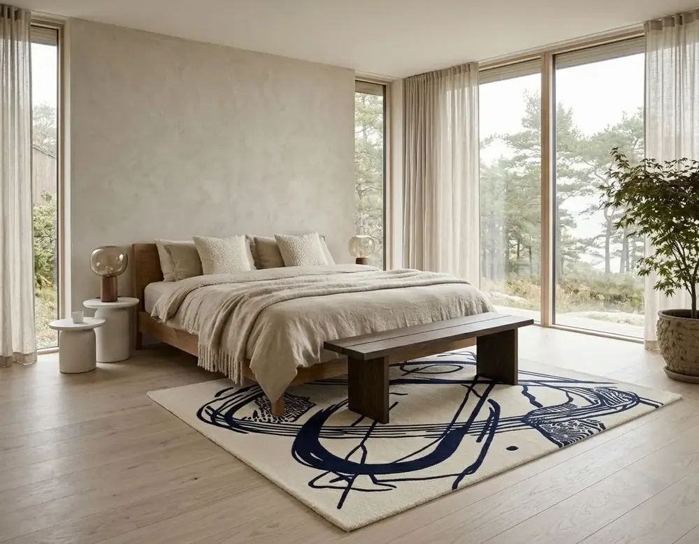 Contemporary carpets - Orbit of Expression Navy Blue Ivory Modern Handmade Area Rug - NUZRAT CARPET EMPORIOUM