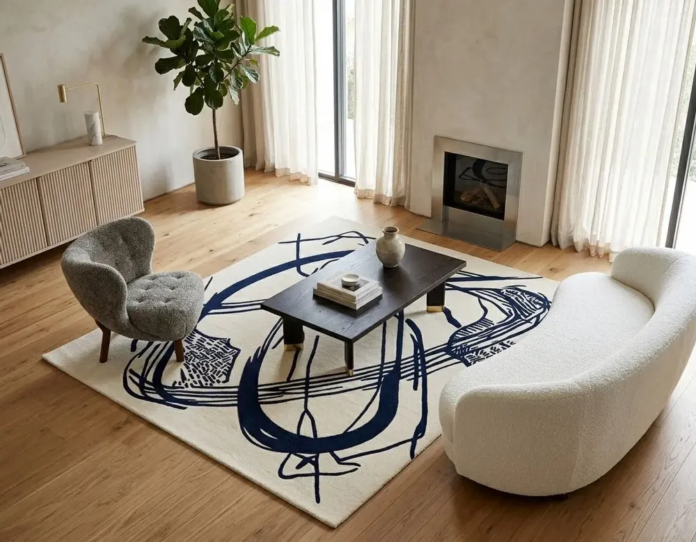 Contemporary carpets - Orbit of Expression Navy Blue Ivory Modern Handmade Area Rug - NUZRAT CARPET EMPORIOUM