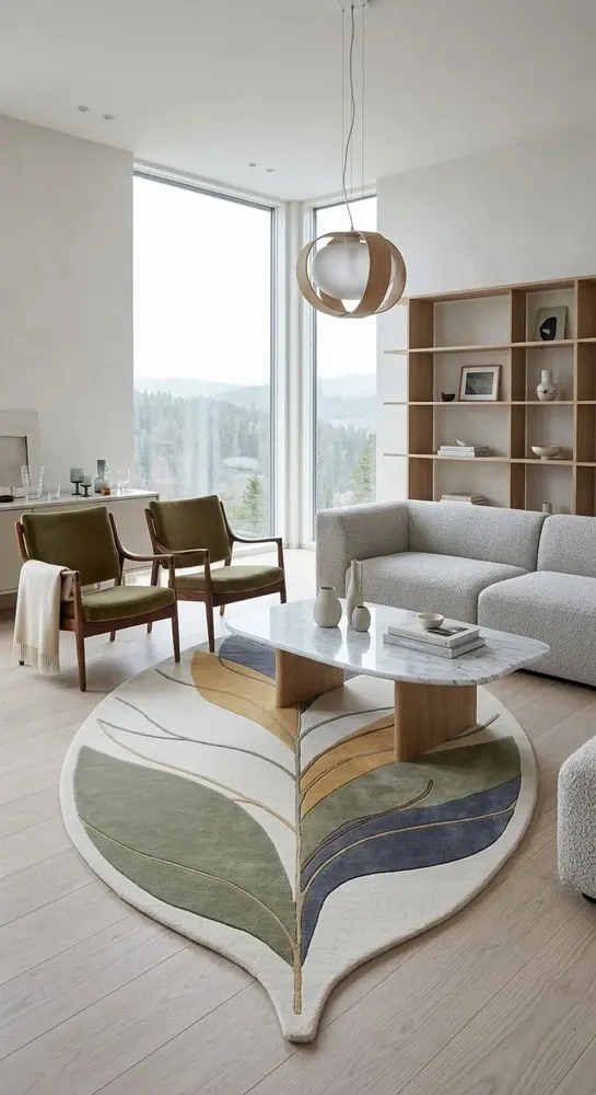 Contemporary carpets - Modern Botanica Leaf Rug — Sage Harvest Area Rug - NUZRAT CARPET EMPORIOUM