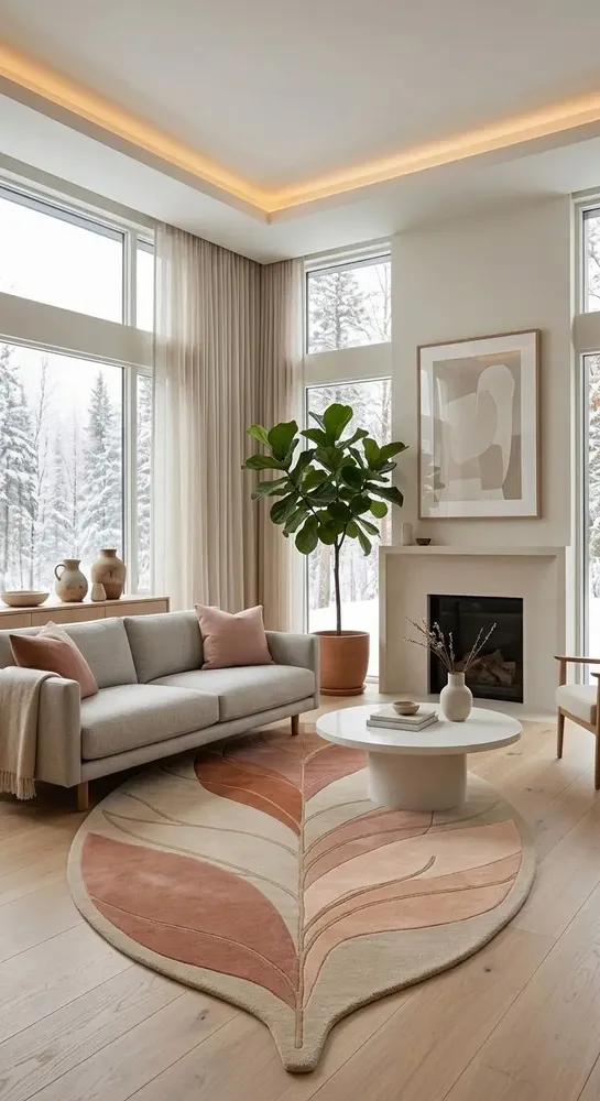 Contemporary carpets - Modern Botanica Leaf Rug — Desert sand Area Rug - NUZRAT CARPET EMPORIOUM