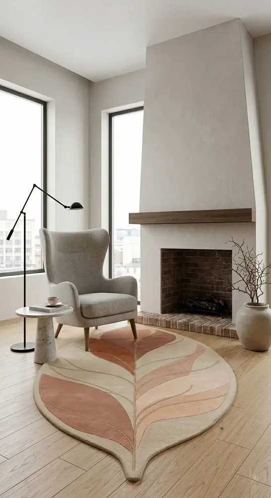 Contemporary carpets - Modern Botanica Leaf Rug — Desert sand Area Rug - NUZRAT CARPET EMPORIOUM