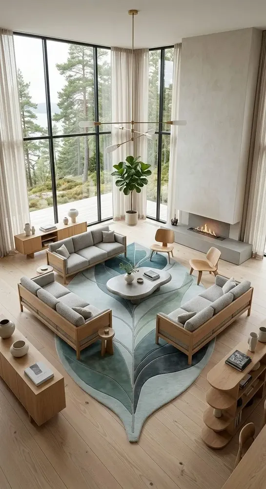 Contemporary carpets - Modern Botanica Leaf Rug — Ethereal Ocean Area Rug - NUZRAT CARPET EMPORIOUM