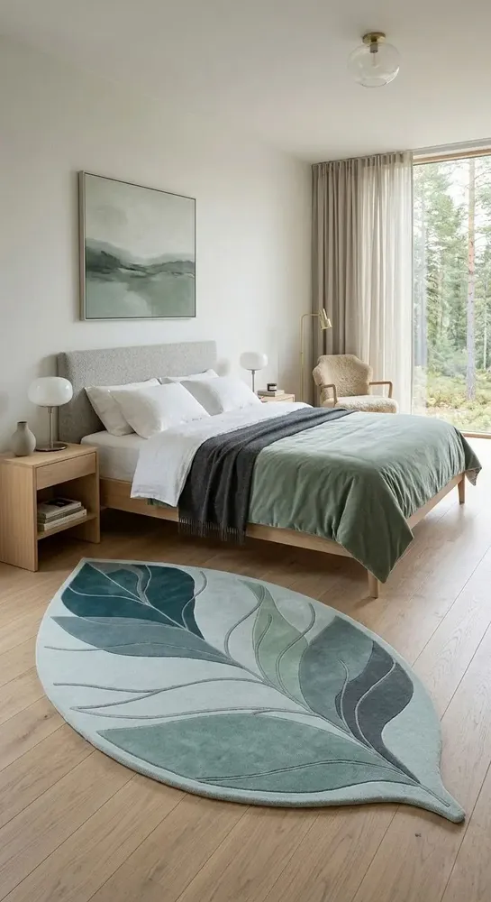 Contemporary carpets - Modern Botanica Leaf Rug — Ethereal Ocean Area Rug - NUZRAT CARPET EMPORIOUM