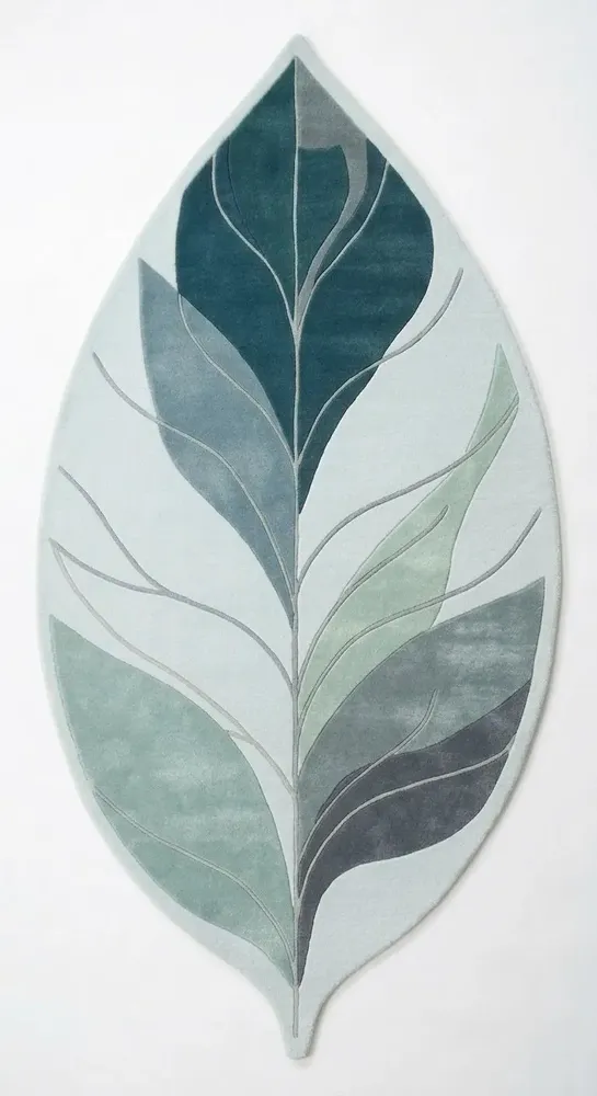 Contemporary carpets - Modern Botanica Leaf Rug — Ethereal Ocean Area Rug - NUZRAT CARPET EMPORIOUM