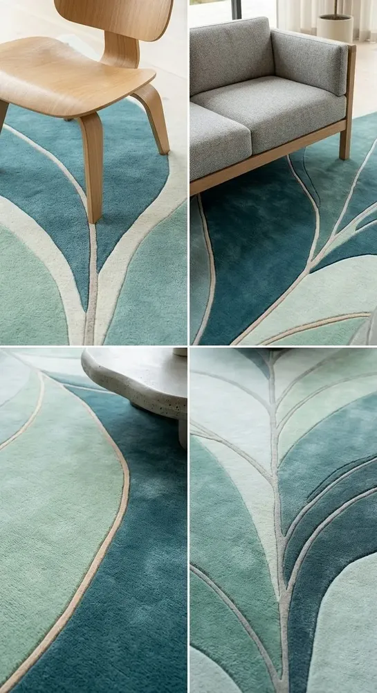 Contemporary carpets - Modern Botanica Leaf Rug — Ethereal Ocean Area Rug - NUZRAT CARPET EMPORIOUM