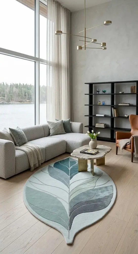 Contemporary carpets - Modern Botanica Leaf Rug — Ethereal Ocean Area Rug - NUZRAT CARPET EMPORIOUM