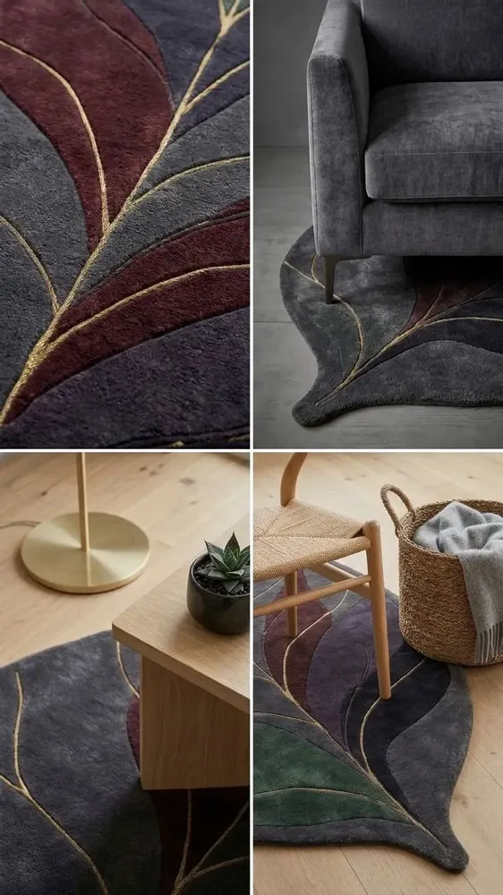 Contemporary carpets - Modern Botanica Leaf Rug — Midnight Forest Area Rug - NUZRAT CARPET EMPORIOUM