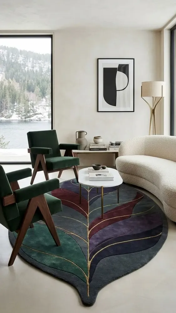 Contemporary carpets - Modern Botanica Leaf Rug — Midnight Forest Area Rug - NUZRAT CARPET EMPORIOUM