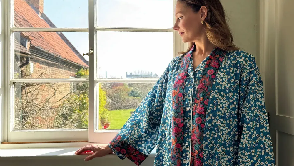 Sleepwear - Long Kimono Robe Teal Mitsi - Made with Liberty Fabric - LIME TREE DESIGN