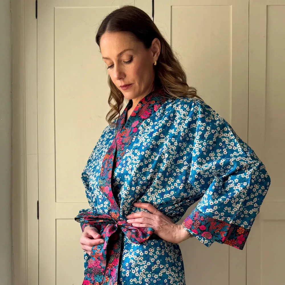 Sleepwear - Long Kimono Robe Teal Mitsi - Made with Liberty Fabric - LIME TREE DESIGN