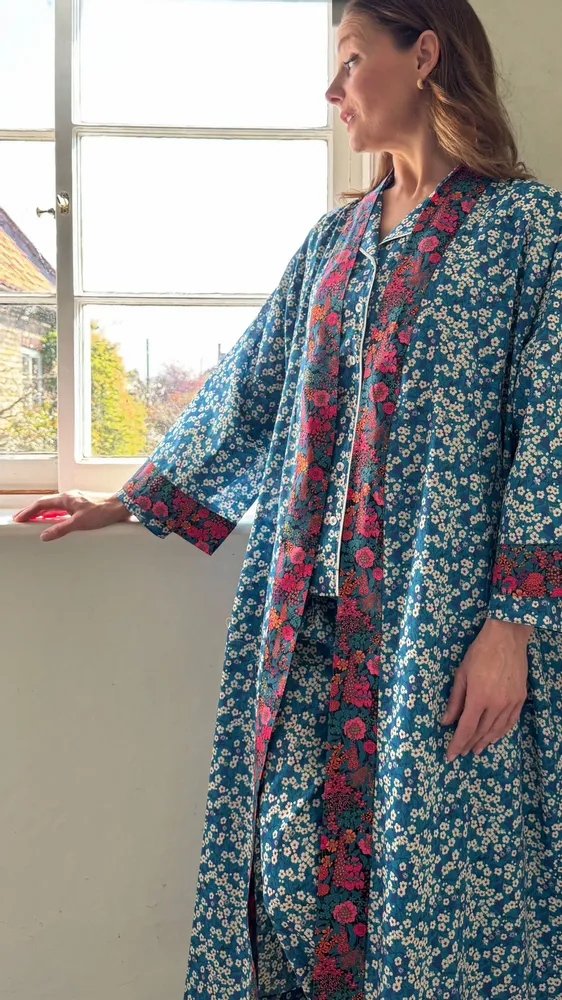 Sleepwear - Long Kimono Robe Teal Mitsi - Made with Liberty Fabric - LIME TREE DESIGN