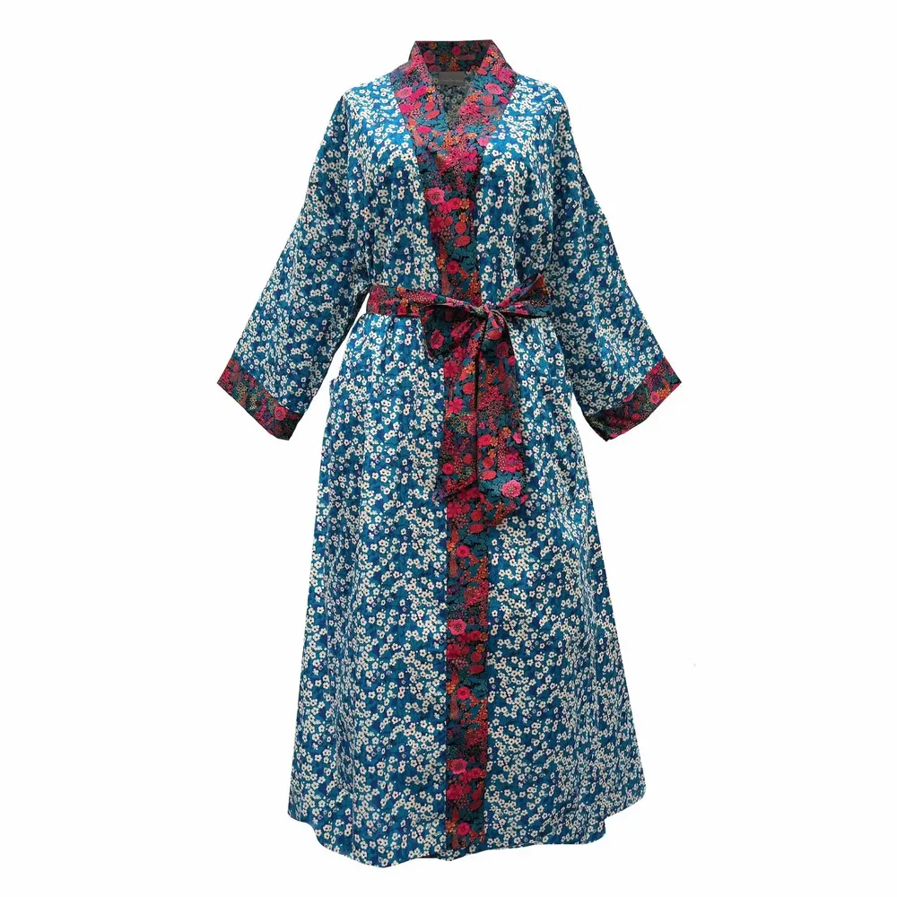 Sleepwear - Long Kimono Robe Teal Mitsi - Made with Liberty Fabric - LIME TREE DESIGN