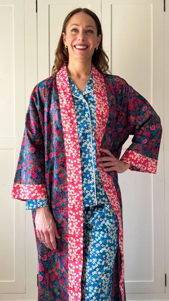 Sleepwear - Long Kimono Robe Ciara Fuchsia - Made with Liberty Fabric - LIME TREE DESIGN