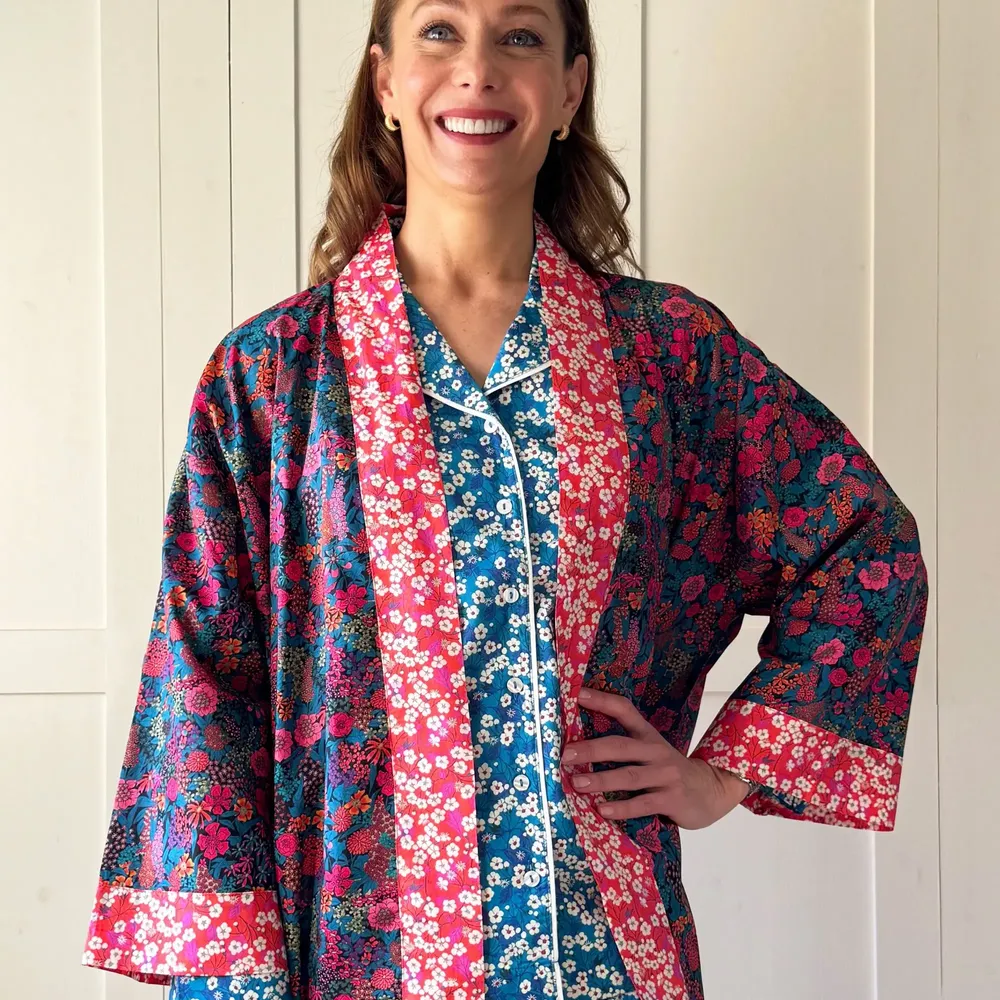 Sleepwear - Long Kimono Robe Ciara Fuchsia - Made with Liberty Fabric - LIME TREE DESIGN
