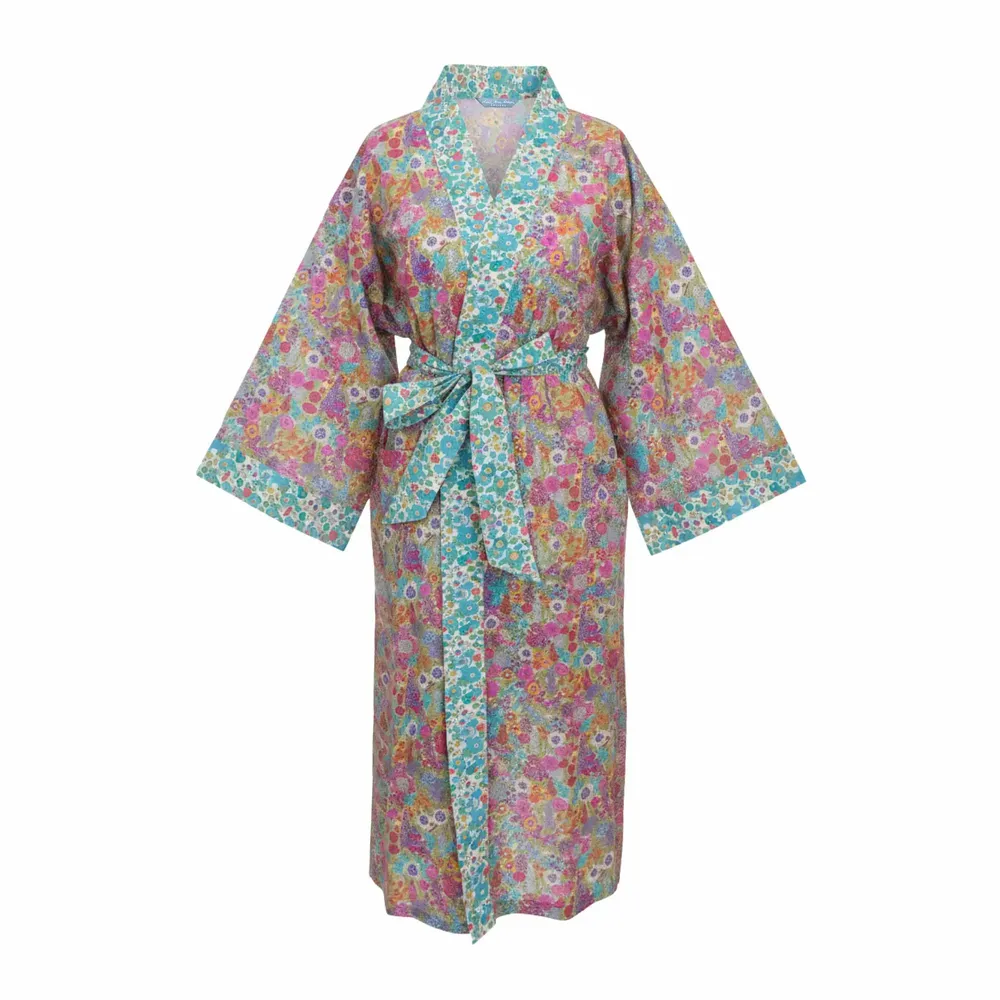 Sleepwear - Long Kimono Robe Ciara Lime - Made with Liberty Fabric - LIME TREE DESIGN