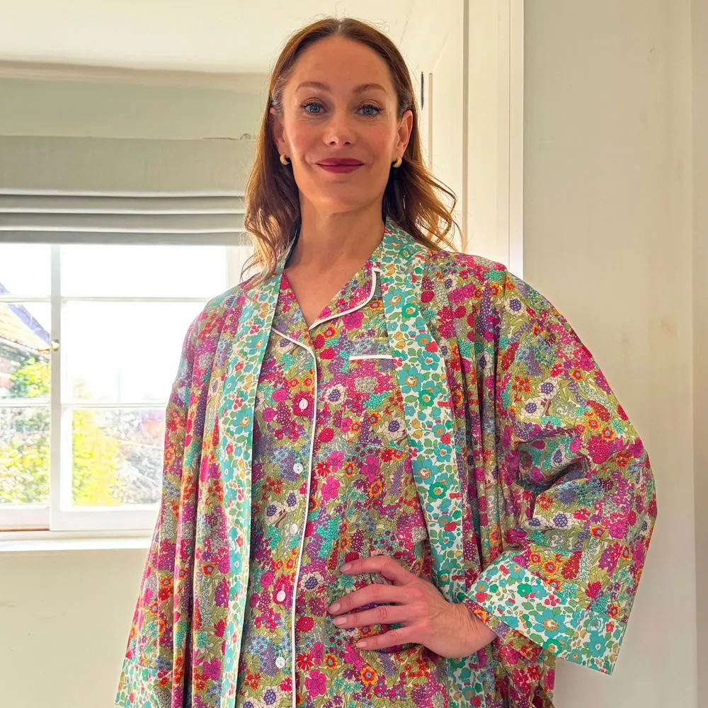 Sleepwear - Long Kimono Robe Ciara Lime - Made with Liberty Fabric - LIME TREE DESIGN