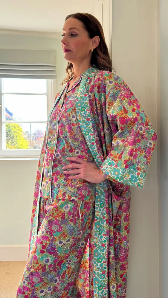 Sleepwear - Long Kimono Robe Ciara Lime - Made with Liberty Fabric - LIME TREE DESIGN