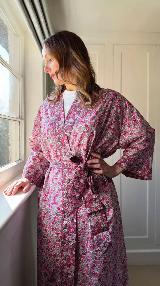 Vêtements de nuit - Peignoir kimono long Poppy Forest, fabriqué en tissu Liberty - LIME TREE DESIGN