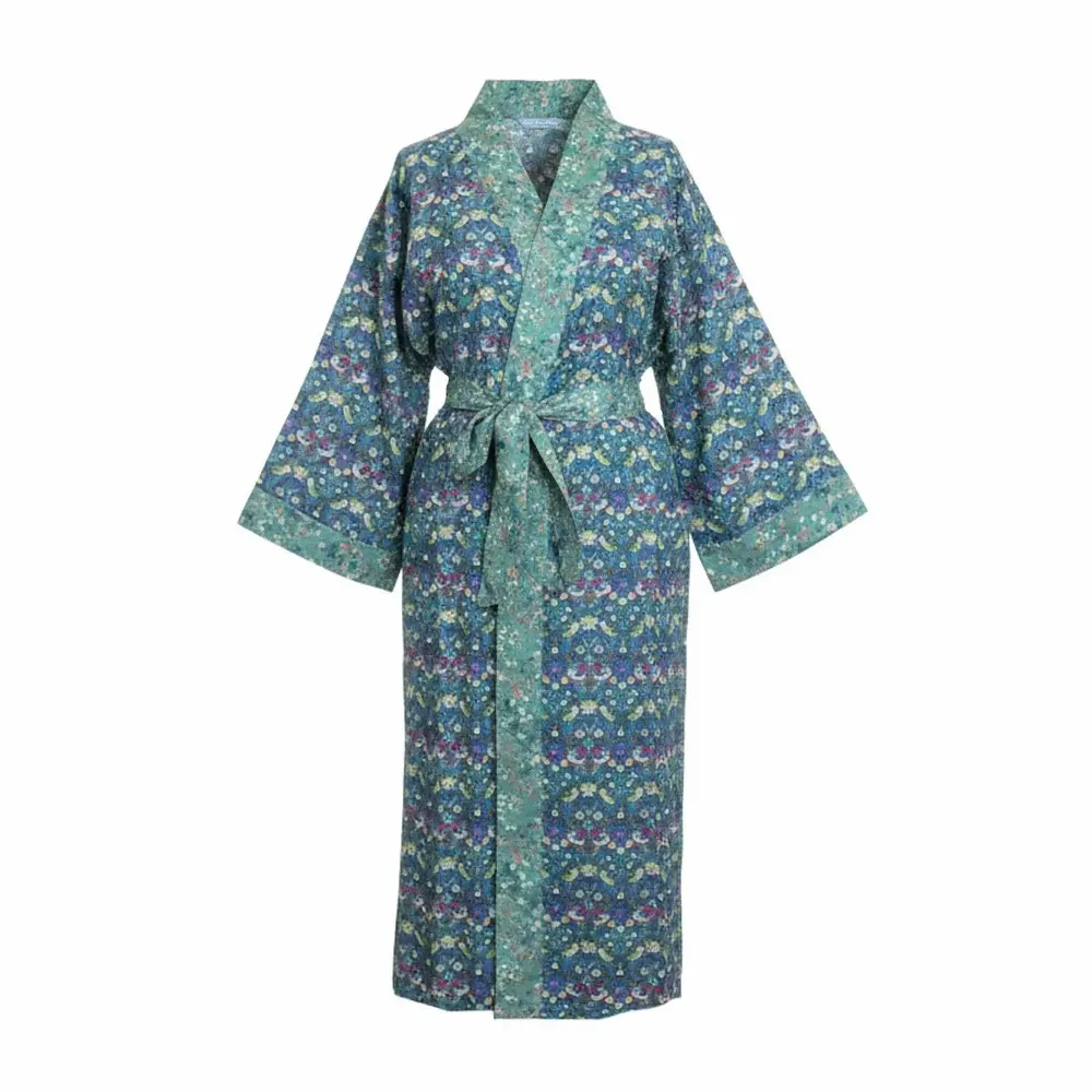 Vêtements de nuit - Peignoir kimono long Strawberry Thief Blue - Fabriqué en tissu Liberty - LIME TREE DESIGN